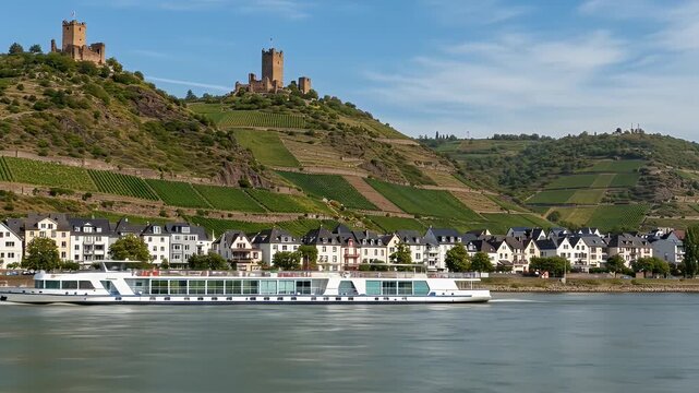 Cruise ship on rhine river near beilstein, germany. Ideal for travel brochures, tourism websites, and vacation advertisements.