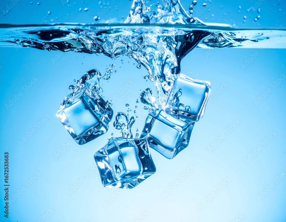 Aufkleber ice cubes plunging into water creating dynamic splashes in a refreshing scene against blue backdrop