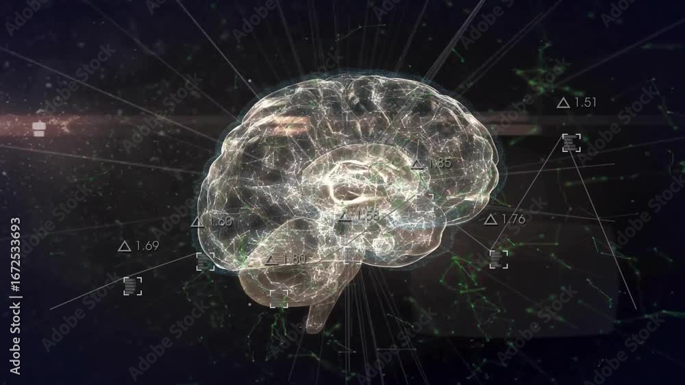 Poster animation of data processing and digital brain on black background