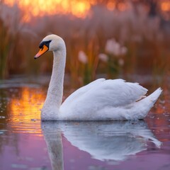Obraz premium A majestic swan gracefully gliding on the water, reflecting the vibrant sunset