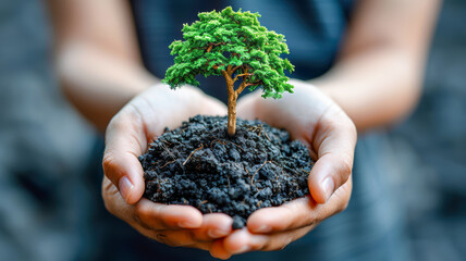 Hands holding small tree with soil, symbolizing environmental care and sustainability efforts