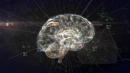 Animation of data processing and digital brain on black background