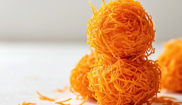 Sweet potato balls covered with grated sweet potato strings creating a nest like appearance