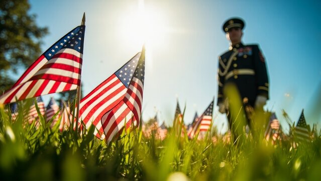 officer man with flags in green grass - Powered by Adobe