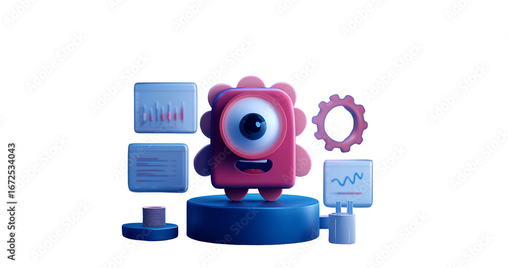 Poster cheerful one-eyed monster surrounded by data visualization elements on transparent background