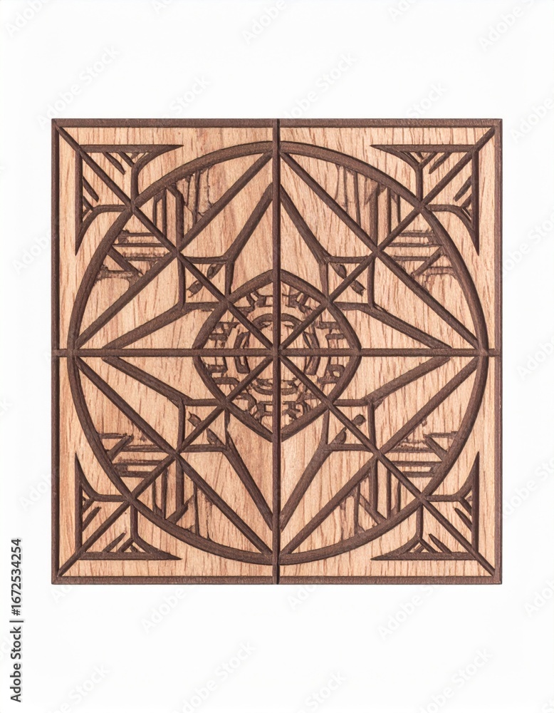 Poster geometric wood carving design with intricate patterns and symmetrical shapes on white background