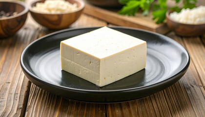 A large block of firm tofu sits on a black plate on a wooden table.