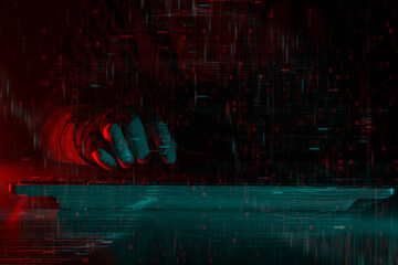 Hacker hand typing on a keyboard amidst a digital rain of red and green binary code. Concept cybersecurity, hacking and digital security.