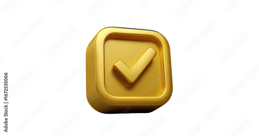 Aufkleber golden glossy check mark inside square button on transparent background