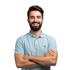 Fototapeta premium Smiling caucasian man with beard and blue polo shirt crossed arms confident pose isolated on transparent background