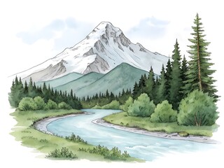 Majestic snow capped mountain peak overlooking a winding river and lush green forest