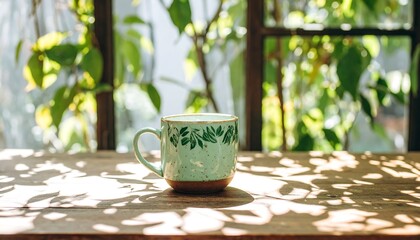 Light-filled outdoor scene with a teal mug