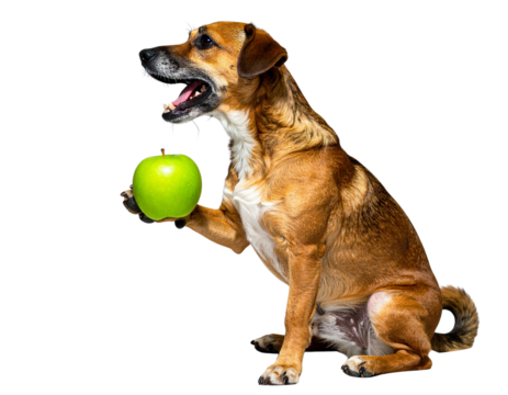  Dog Sitting with Apple Between Paws, Taking a Bite, Side Angle, isolated transparent background PNG