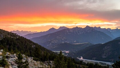 Spectacular Mountain Sunset: A Panoramic View of Nature's Splendor and Dramatic Skies