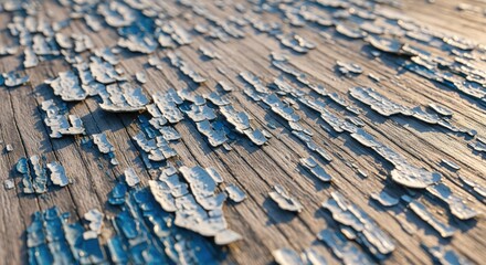 Close-up of old cracked and peeling paint on a weathered wood surface. Rustic texture background with flaking blue and white paint in warm sunlight.