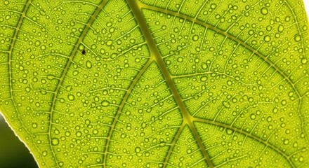 Macro photo of a vibrant green leaf with fresh morning dew drops, backlit by sunlight to show detailed veins and cellular structure.