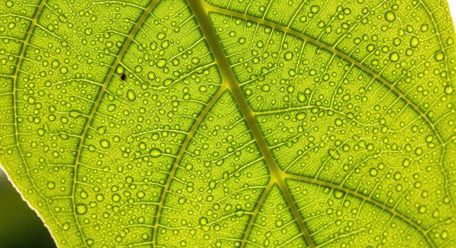 Macro photo of a vibrant green leaf with fresh morning dew drops, backlit by sunlight to show detailed veins and cellular structure.
