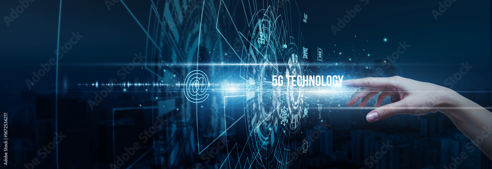 Aufkleber hand of a network engineer touching fast 5g technology data transmission connectivity, bandwidth lat