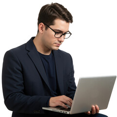 Focused young man wearing glasses and a blazer working on a laptop computer isolated on transparent background