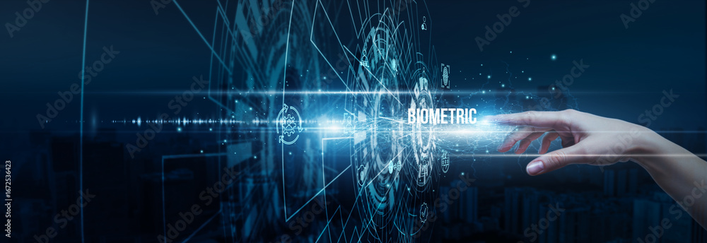 Poster hand of security analyst touching advanced biometric data authentication recognition, fingerprints i