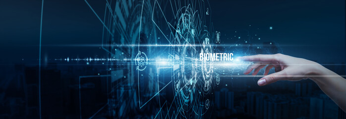 Hand of security analyst touching advanced biometric data authentication recognition, fingerprints iris scanning facial identification encryption privacy systems.