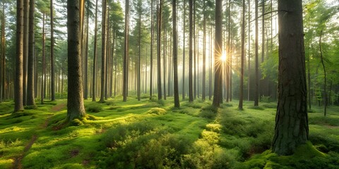 Sunlight filtering through tall pine trees in a lush green forest