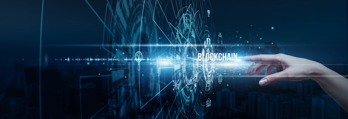 Hand of crypto expert touching secure blockchain data ledgers transactions, decentralization transparency immutability smart contracts innovation digital assets.