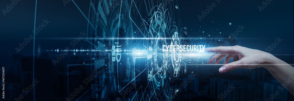 Poster hand of it specialist touching secure cybersecurity data protection encryption, defense systems moni