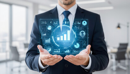Business professional analyzing data trends in modern office setting