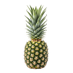 A professional studio photograph of a whole pineapple with its green crown, a tropical and exotic fruit, fully visible and perfectly isolated on transparent background.
