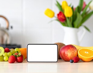 Mobile Device Surrounded by Colorful Fruits on Countertop with Flower Vase and Kitchenware