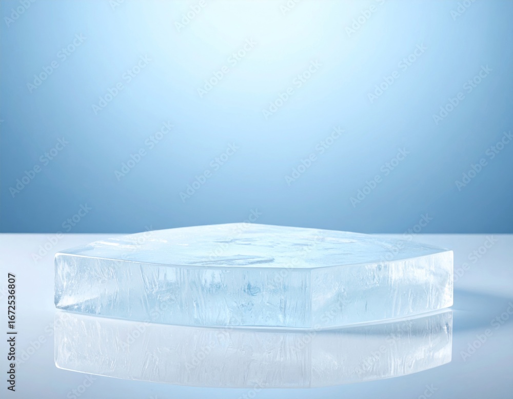 Aufkleber translucent ice cube block with sharp edges and blue lighting on white surface