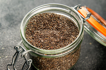 Chia seeds healthy superfood tasty snack fresh delicious gourmet food background on the table rustic food top view copy space keto and paleo diet vegan and vegetarian food