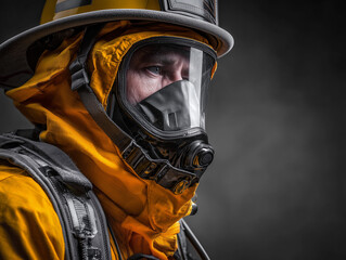 Fototapeta premium Firefighter wearing a mask and helmet in protective gear, photography