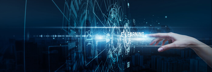 Hand of trainer touching smart e-learning data content delivery, interactive modules virtual classrooms knowledge sharing personalized education systems, and innovation.