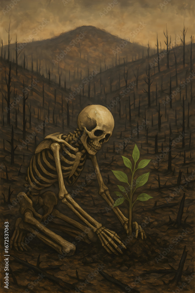 Poster a skeleton is planting a tree in a field of dead trees