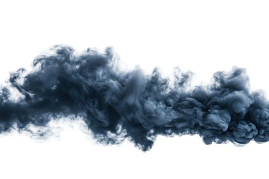 Grey smoke cloud rising upwards against white backdrop during explosion, disaster, or similar event