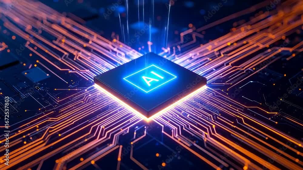 Poster futuristic ai chip illuminated cpu with circuit board with digital technology background.