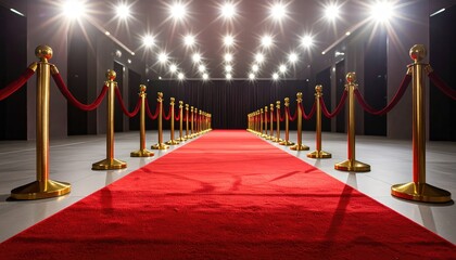 Red carpet entrance with gold stanchions and bright lights