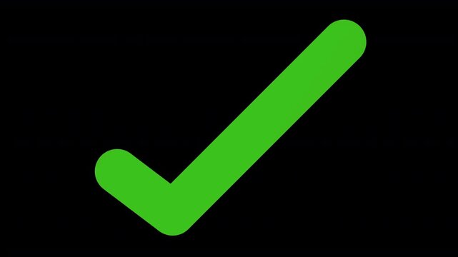 animated green tick checkmark icon symbol animates on and off screen with a plain black background which can be made invisible using screen blending mode 4K
