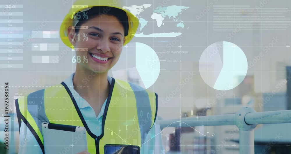 Aufkleber animation of financial data processing caucasian female architect using tablet