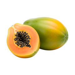 A detailed and pristine professional-grade visual of a whole papaya with a half sliced next to it, revealing seeds, a healthy tropical fruit isolated on transparent background.