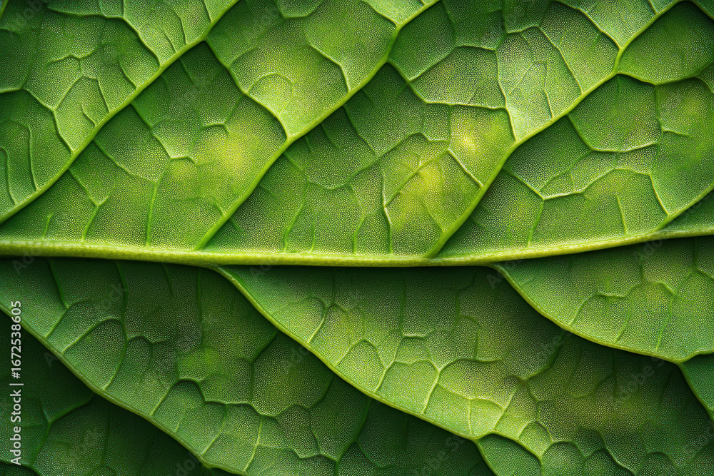 Poster close up view showing the detail of a vibrant green leaf and its veins pattern with transparent back