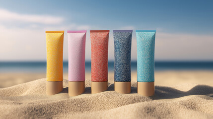 Colorful sunscreen tubes mockup displayed on a sandy beach, symbolizing summer, skincare protection, vacation vibes, and bright tropical energy