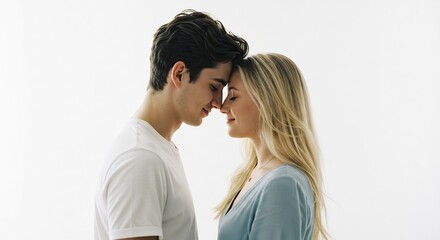 Young couple gently touches foreheads soft light romantic portrait. AI Generated