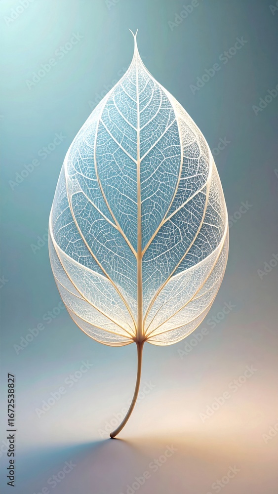 Poster translucent leaf skeleton with intricate veins on soft gradient background for botanical art