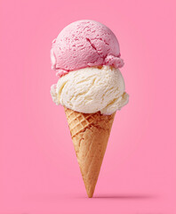 Two-scoop strawberry and vanilla ice cream cone on pink background, studio photo