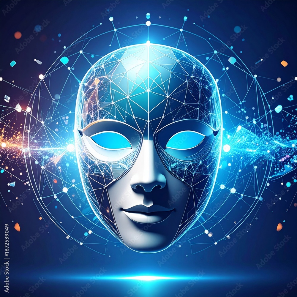 Poster futuristic abstract mask glowing with blue light connecting artificial intelligence network backgrou