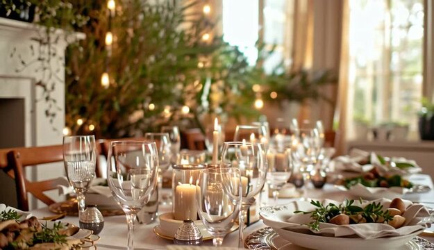 dining table bathed in warm, natural sunlight. In the foreground, a stack of traditional matzo sits on an elegant, ornate white plate