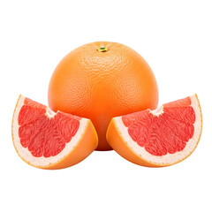 A pristine, high-resolution photographic rendering of a whole grapefruit with a half and slice, a refreshing citrus fruit isolated on transparent background.